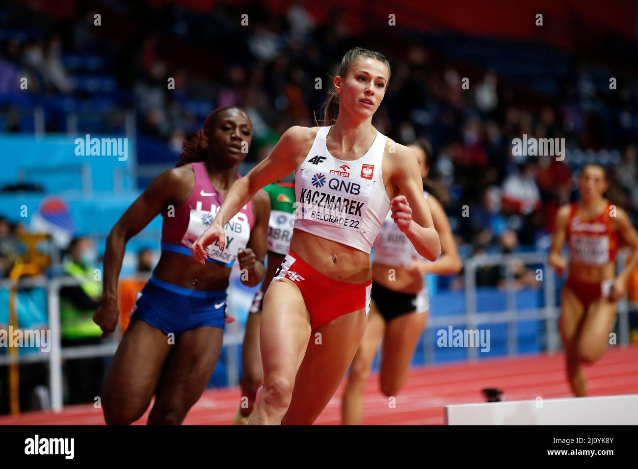 Belgrad, Serbien, 18.. März 2022. Natalia Kaczmarek aus Polen während der Leichtathletik-Hallenweltmeisterschaften Belgrad 2022 - Pressekonferenz in Belgrad, Serbien. 18. März 2022. Kredit: Nikola Krstic/Alamy Stockfoto