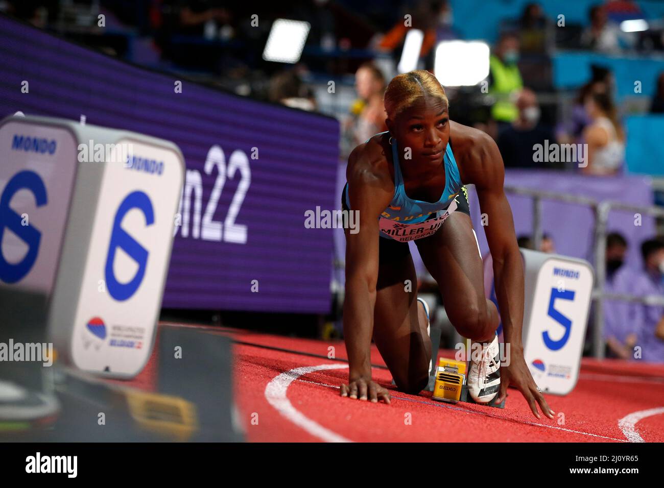 Belgrad, Serbien, 18.. März 2022. Shaunae Miller-Uibo von Bahamas während der Leichtathletik-Hallenweltmeisterschaften Belgrad 2022 - Pressekonferenz in Belgrad, Serbien. 18. März 2022. Kredit: Nikola Krstic/Alamy Stockfoto