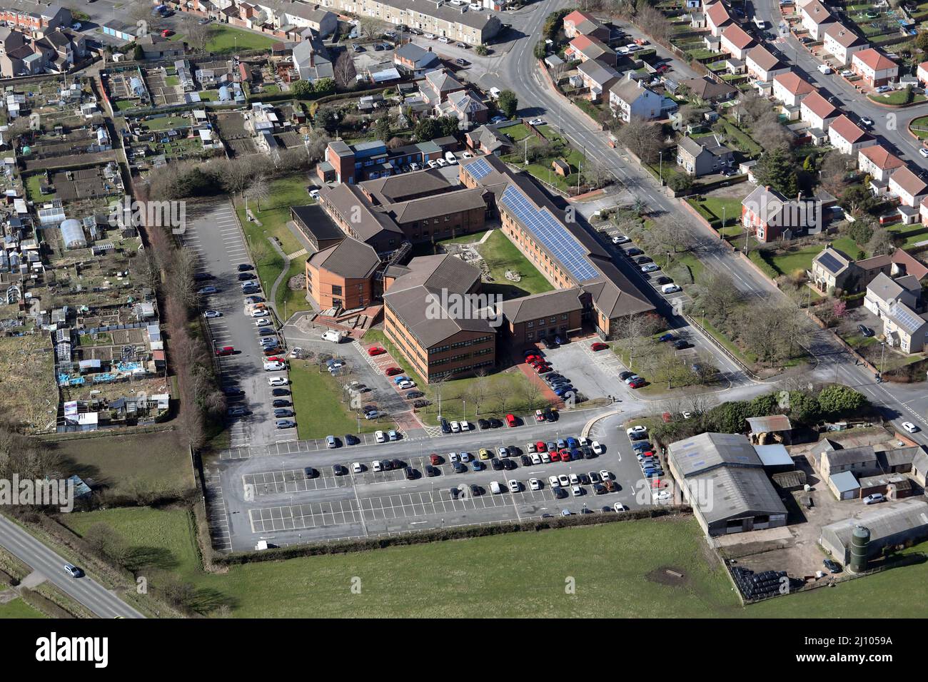 Luftaufnahme des Bezirksrats von Durham (lokale Regierungsbüros) in Spennymoor, County Durham Stockfoto