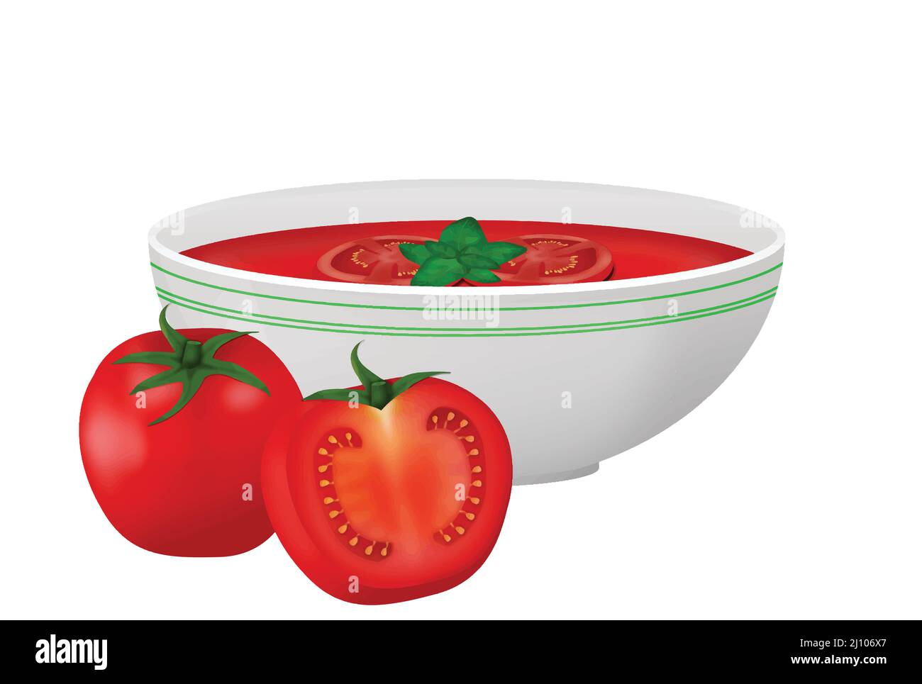 Gazpacho- oder Tomatensuppe in einer Schüssel serviert mit Basilikumblättern auf weißem Hintergrund, Vektorgrafik Stock Vektor