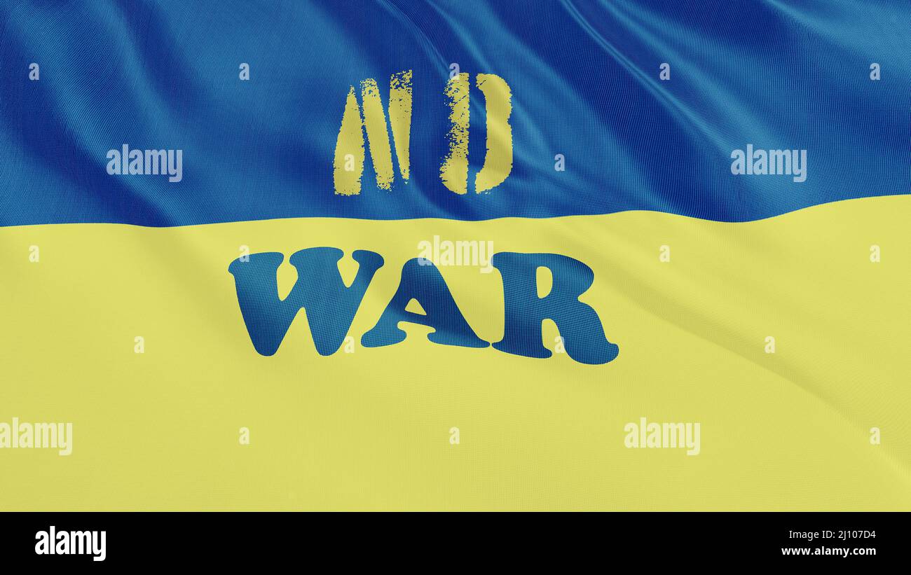 Ukraine Flagge winkende Animation mit No war Text. Stoppen Sie den Krieg in der Ukraine Konzept Stockfoto