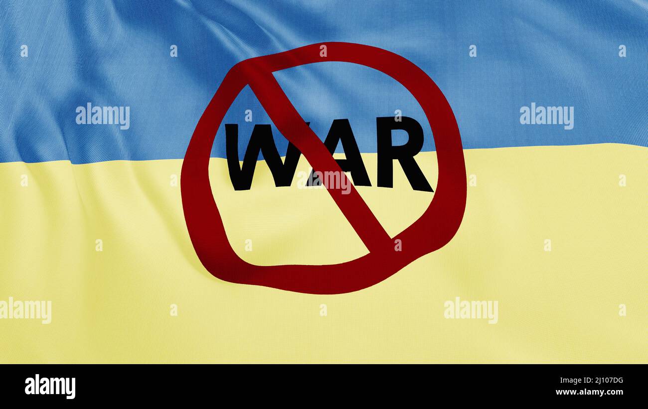 Ukraine Flagge winkende Animation mit No war Text. Stoppen Sie den Krieg in der Ukraine Konzept Stockfoto