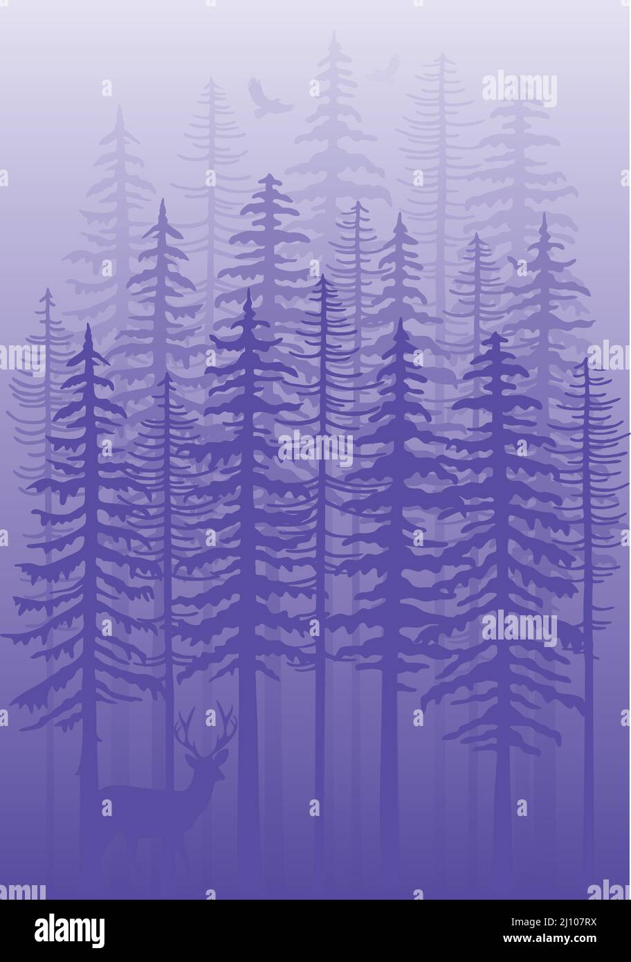 Lila Winterwald mit Tannen, Hirsche und Vögel, sehr peri Vektor Hintergrund Illustration Stock Vektor
