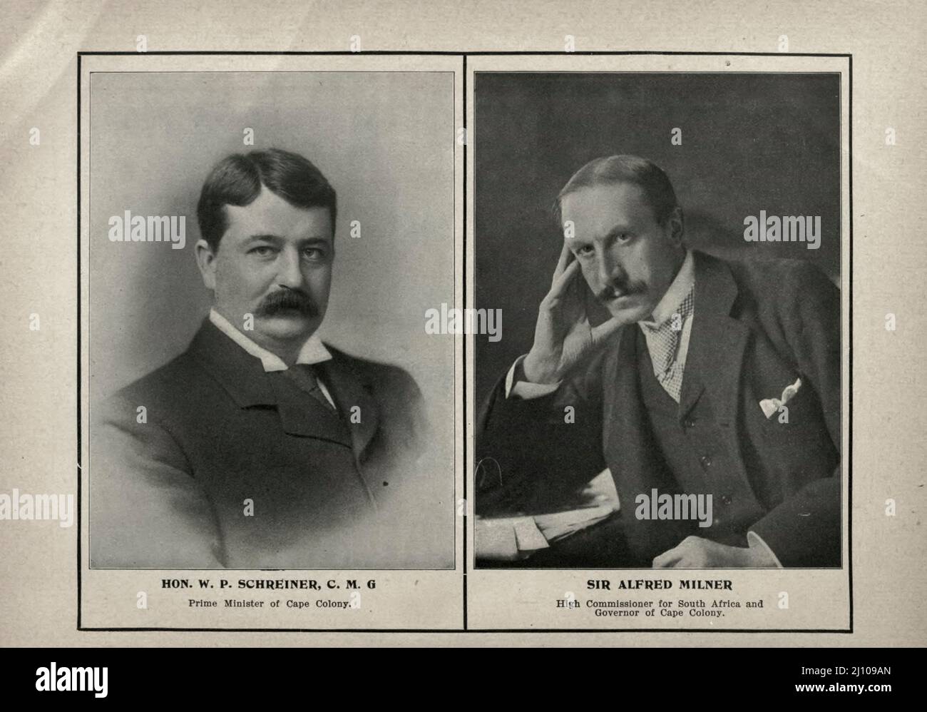 W. P. Schreiner Premierminister von Cape Colony und Sir Alfred Milner Hochkommissar für Südafrika und Gouverneur von Kapstadt Schwarz-Weiß-Foto aus dem Buch „Südafrika; seine Geschichte, Helden und Kriege“ von William Douglas Mackenzie und Alfred Stead, Publisher Chicago, Philadelphia: Monarch Book Company im Jahr 1890 Stockfoto