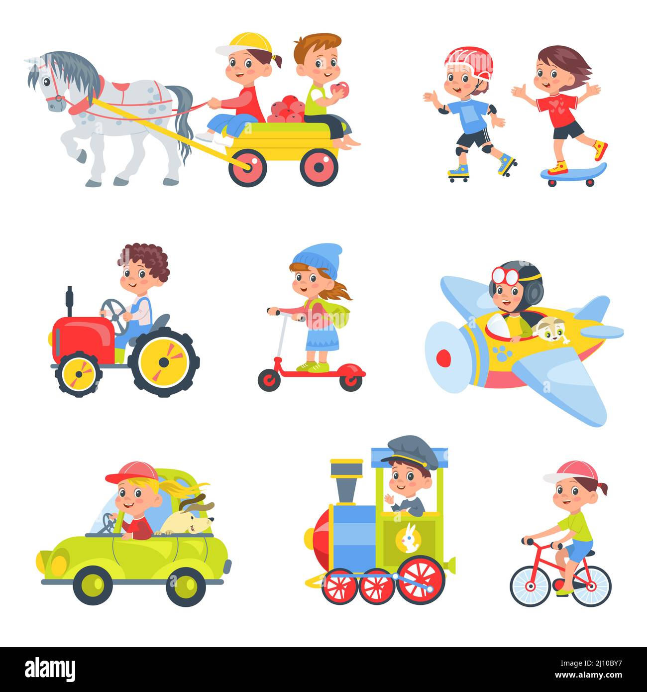 Kinderfahrer. Kinder in verschiedenen Verkehrsmitteln. Jungen und Mädchen, die Auto oder Traktor fahren. Pferdewagen. Junge Menschen fahren Fahrrad und Roller. Personen auf Stock Vektor
