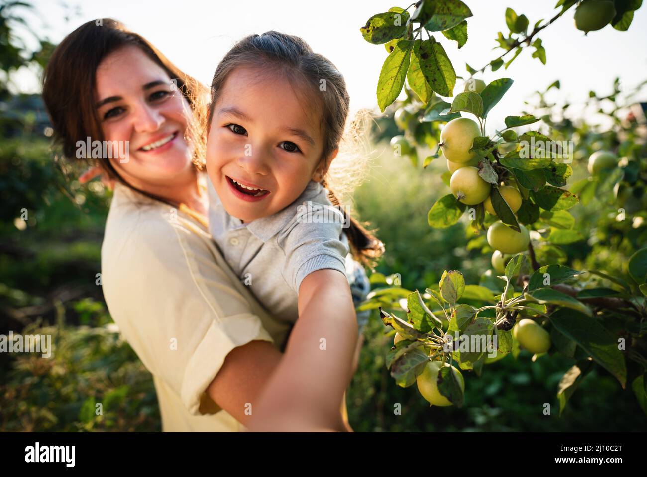 Die kaukasische Mutter und ihre asiatische Tochter machen im Sommer ein Selfie im Obstgarten Stockfoto