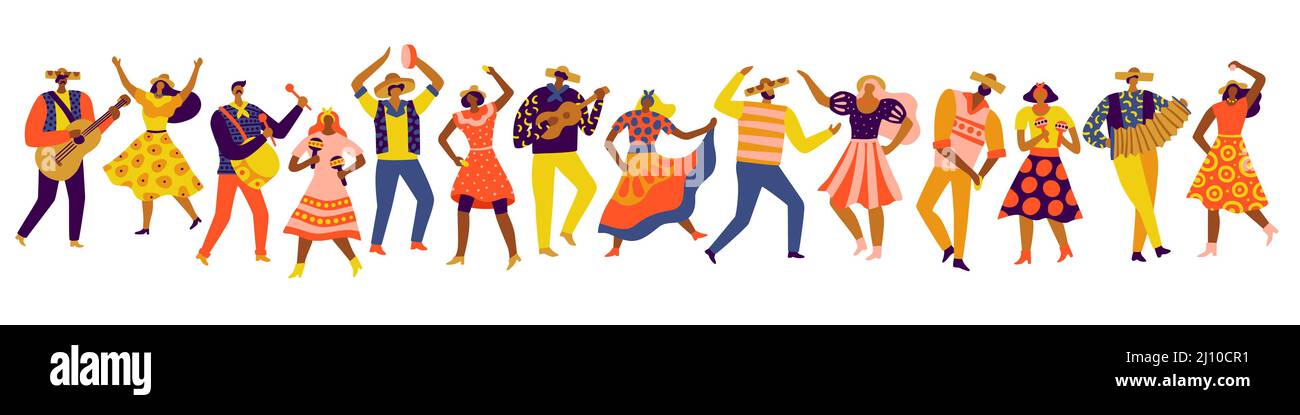 Festa Junina. Traditioneller Urlaub. Brasilianischer und lateinischer Landtag. Volksfest. Musikparty. Tänzer und Musiker. Männer und Frauen in bunten Farben Stock Vektor