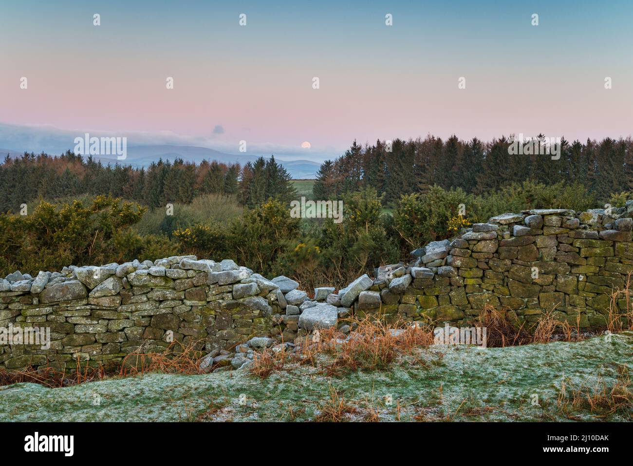 Bröckelnde Steinmauer in den South Wales Mountains. Stockfoto