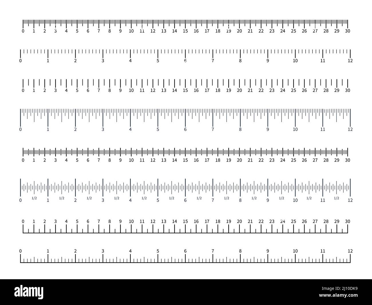 Linealmaßstäbe. Unterschiedliche Maßeinheiten. Gliederung mit Zahlen regeln. Schulbänder zeichnen. Geometrieinstrumente. Zentimeter oder Zoll. Länge Stock Vektor