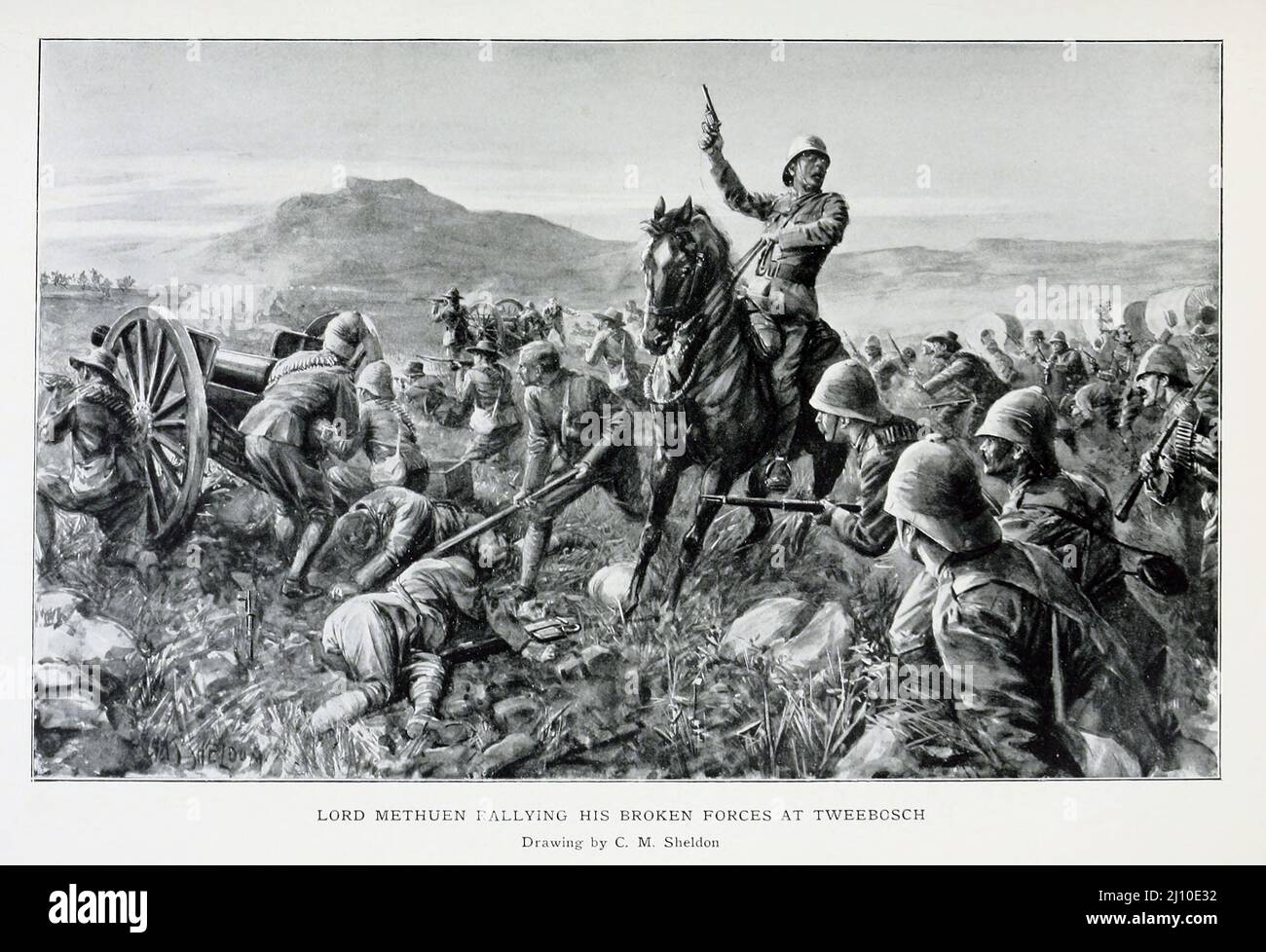 Lord Methuen, der seine gebrochenen Kräfte in Tweebosch zusammenführt Zeichnung von C. M. Sheldon aus dem Buch „Südafrika und der Transvaal-Krieg“ von Louis Creswicke, Verlag; Edinburgh: T. C. & E. C. Jack 1900 Stockfoto