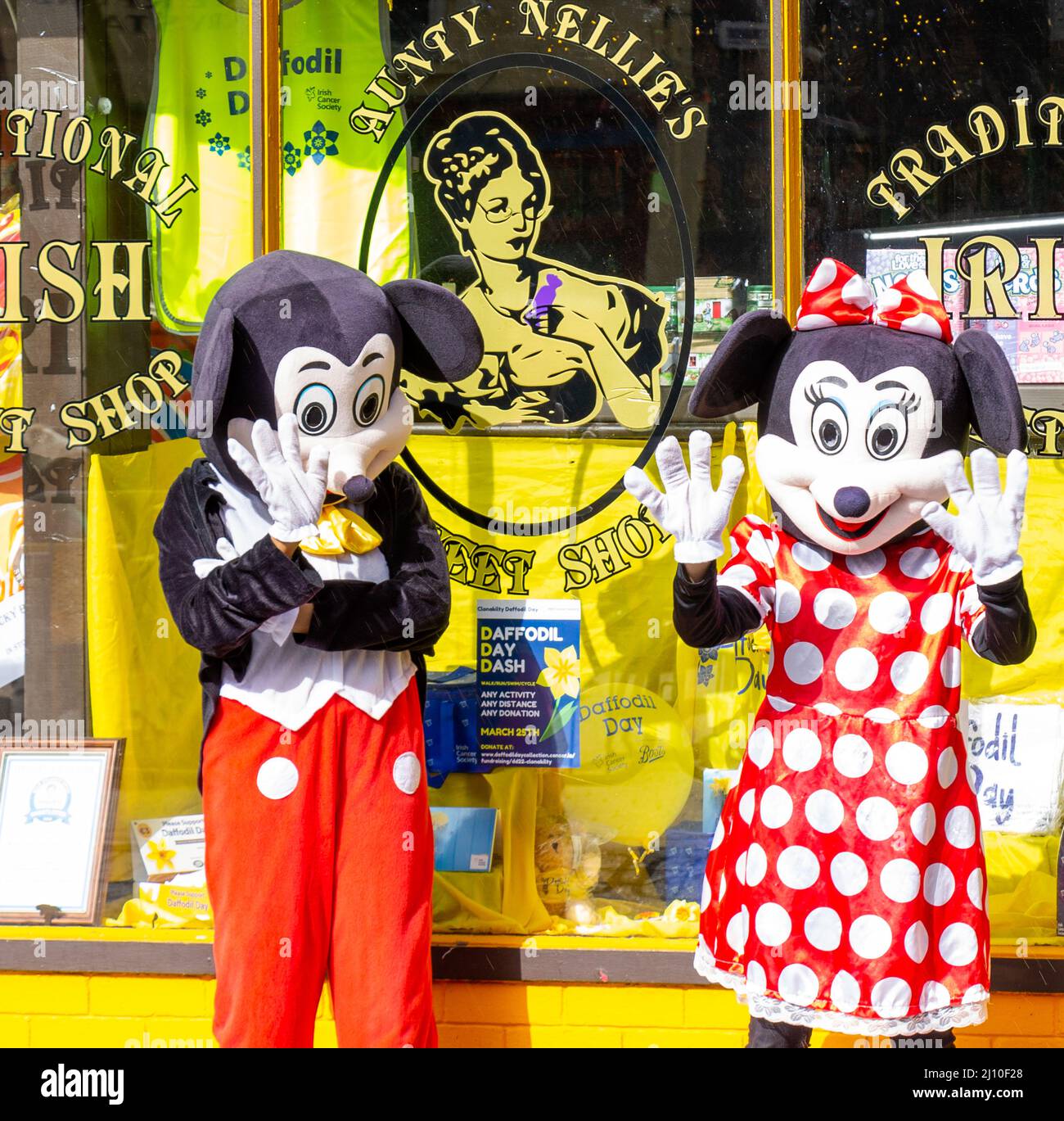 Disney-Figuren in schicken Kleidern vor dem Schaufenster. Clonakilty West Cork Irland Stockfoto