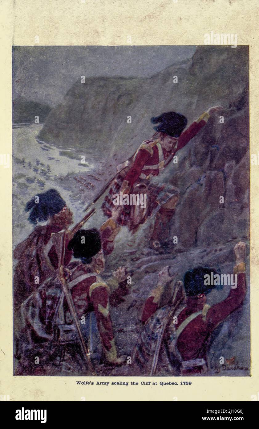 Wolfe's Army Scaling the Cliff at Quebec, 1759 from the ROMANCE OF EMPIRE : CANADA VON BECKLES WILLSON MIT ZWÖLF REPRODUKTIONEN VON ORIGINAL FARBIGEN ZEICHNUNGEN VON HENRY SANDHAM Series Herausgegeben vom John lang Verlag London and Edinburgh : T.C. UND E.C. Jack im Jahr 1907 Stockfoto