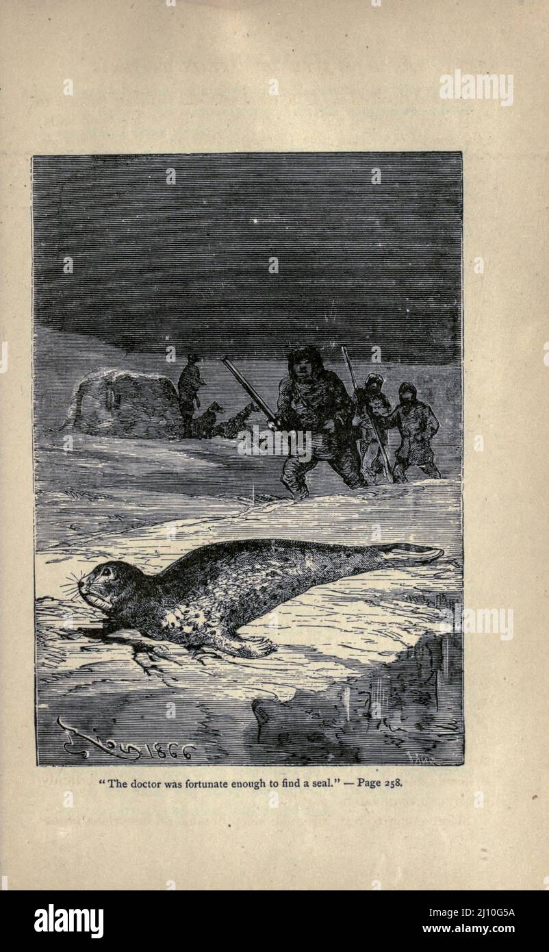 Der Arzt hatte das Glück, ein Siegel aus dem Buch "die Reisen und Abenteuer des Kapitäns Hatteras" von Jules Verne, 1828-1905 zu finden; illustriert von Édouard Riou Erscheinungsdatum 1876, Verlag Boston : J. R. Osgood der Roman, der 1861 spielt, beschrieb die Abenteuer einer britischen Expedition unter der Leitung von Captain John Hatteras zum Nordpol. Kapitän Hatteras weist viele Ähnlichkeiten mit dem englischen Seefahrer Sir John Franklin auf. Stockfoto