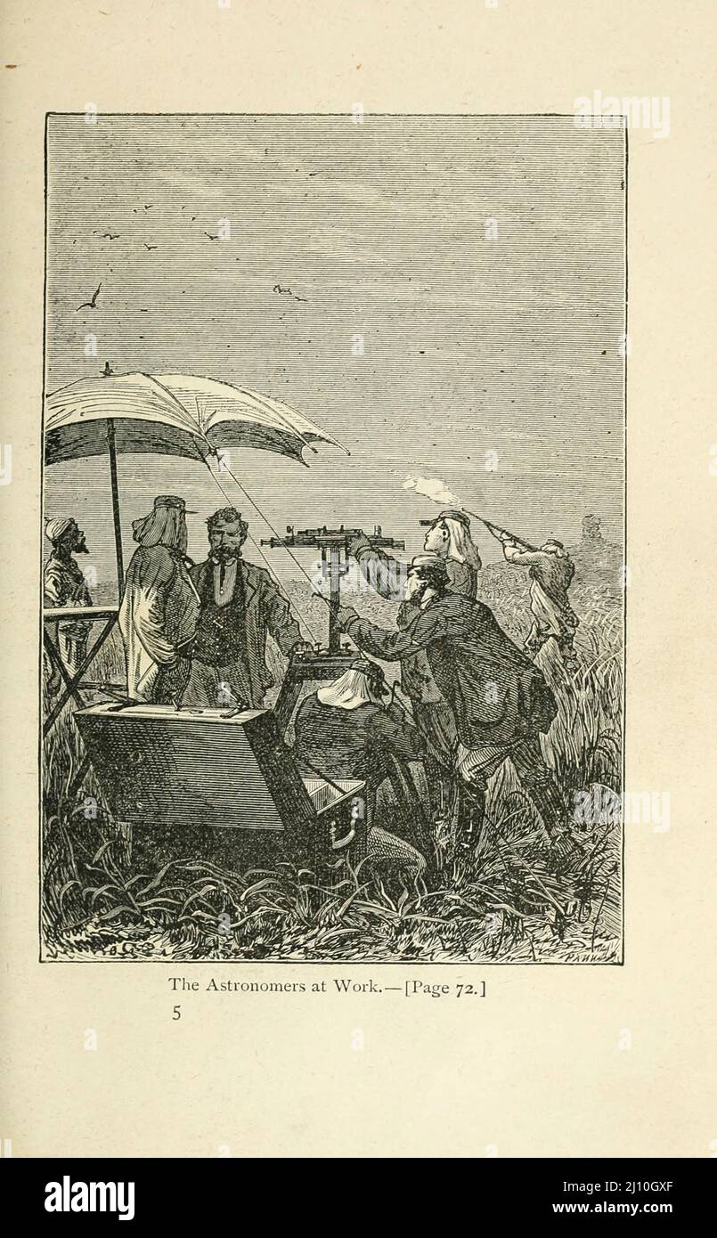 The Astronomers at Work illustriert von Jules Ferat aus dem Buch Meridiana: The Adventures of Three Englands and Three Russian in South Africa von Jules Verne, 1828-1905 drei russische und drei englische Wissenschaftler reisen nach Südafrika, um den 24.-Meridian-Osten zu messen. Im Verlauf ihrer Mission bricht der Krimkrieg aus, und die Mitglieder der Expedition finden sich als Bürger der feindlichen Länder wieder. Dieser Roman ist unter alternativen Titeln wie Adventures in the Land of the Behemoth, Measuring a Meridian und Meridiana oder Adventures in South Africa zu finden. Erscheinungsdatum 1874 Pub Stockfoto