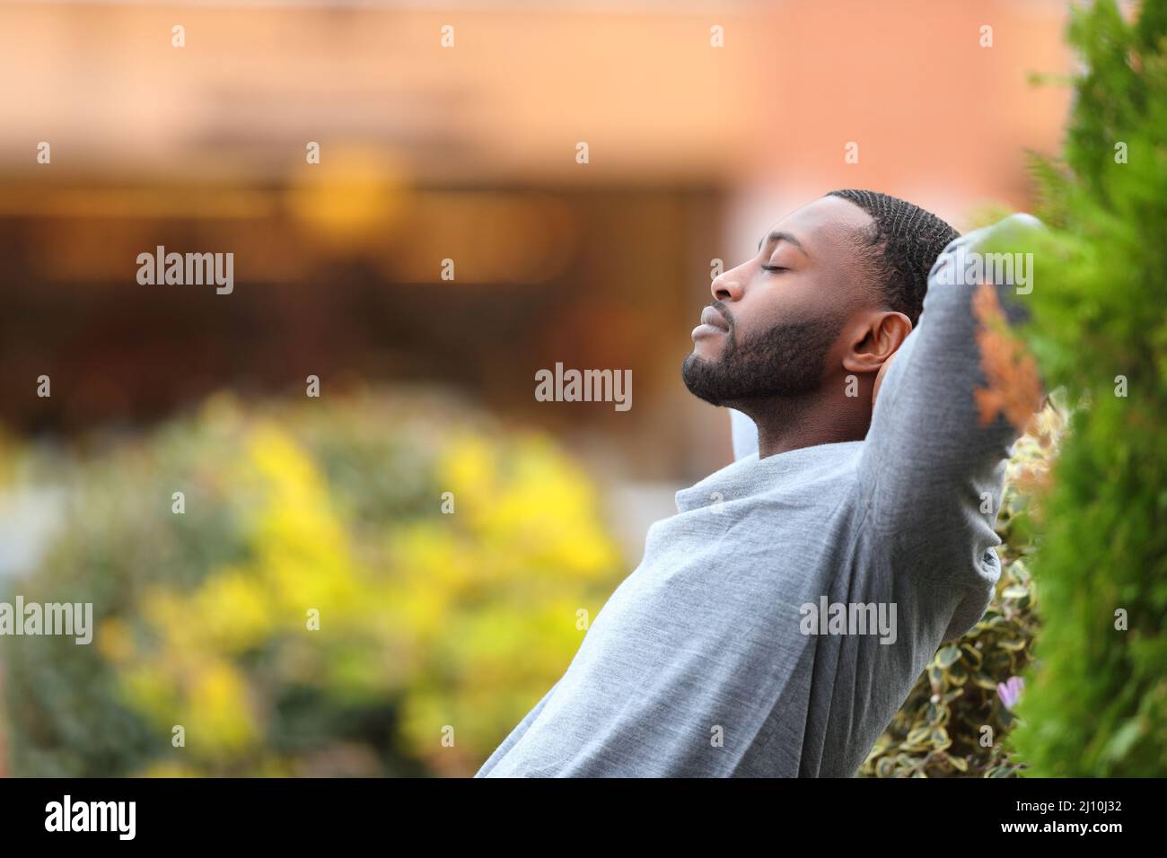 Side vie Wportrait eines entspannten Mannes mit schwarzer Haut, die in einem Park ruht Stockfoto