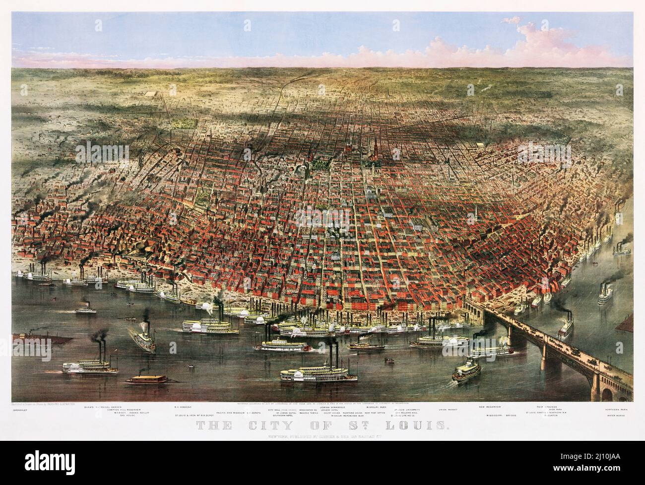 Die Stadt St. Louis, Missouri, Vereinigte Staaten von Amerika. Ein Luftpanorama der Stadt, veröffentlicht von Currier & Ives im Jahr 1874. Der Chromolithograph wurde in der Blütezeit der Dampfschiffe des Mississippi-Flusses hergestellt, die auf dem Bild zu sehen sind. Stockfoto