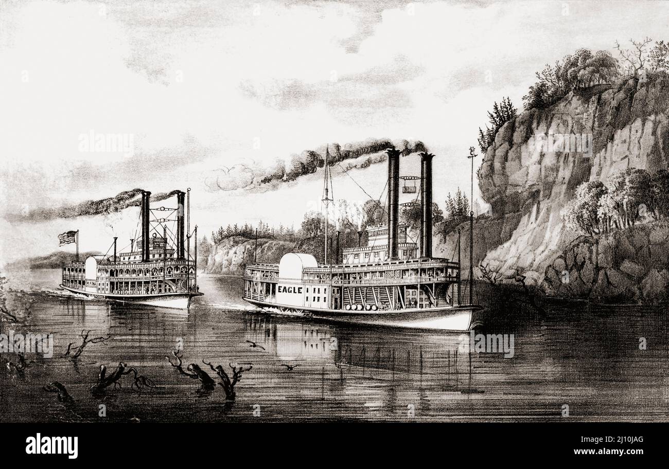 Dampfboote Rennen auf dem Mississippi Fluss, Vereinigte Staaten von Amerika im 19. Jahrhundert. Diese Flussboote trugen zur wirtschaftlichen Entwicklung des Flusses bei. Wichtige Häfen waren St. Louis, Missouri und Memphis, Tennessee. Nach einem Werk veröffentlicht von Currier & Ives im späten 19.. Jahrhundert. Stockfoto