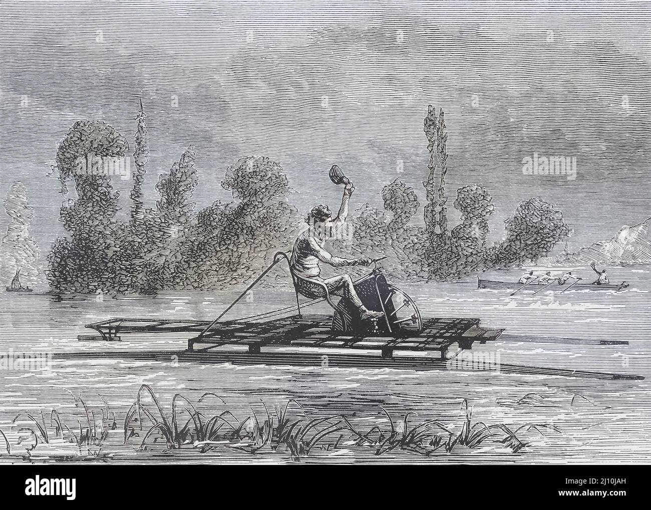 Eine Wasservelocipede. Mit in das Rad eingebauten Paddeln und dem Rad, das durch Pedalieren angetrieben wurde, war dies im Grunde ein Wasserfahrrad. Dieses Modell scheint das schwimmende Velocipid zu sein, das die Erfindung der Amerikaner Carl Wederkinch und Archibald Starkweather war und 1870 patentiert wurde. Nach einem Werk eines unbekannten Künstlers aus dem 19.. Jahrhundert. Stockfoto