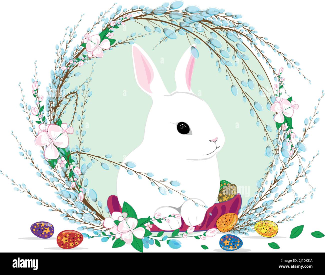 Niedliche Illustration des Osterhasen in den Zweigen der blühenden Weiden- und Apfelbaumblumen. Familien feiern gemeinsam Ostern. Frohe Ostern Gott Ble Stock Vektor