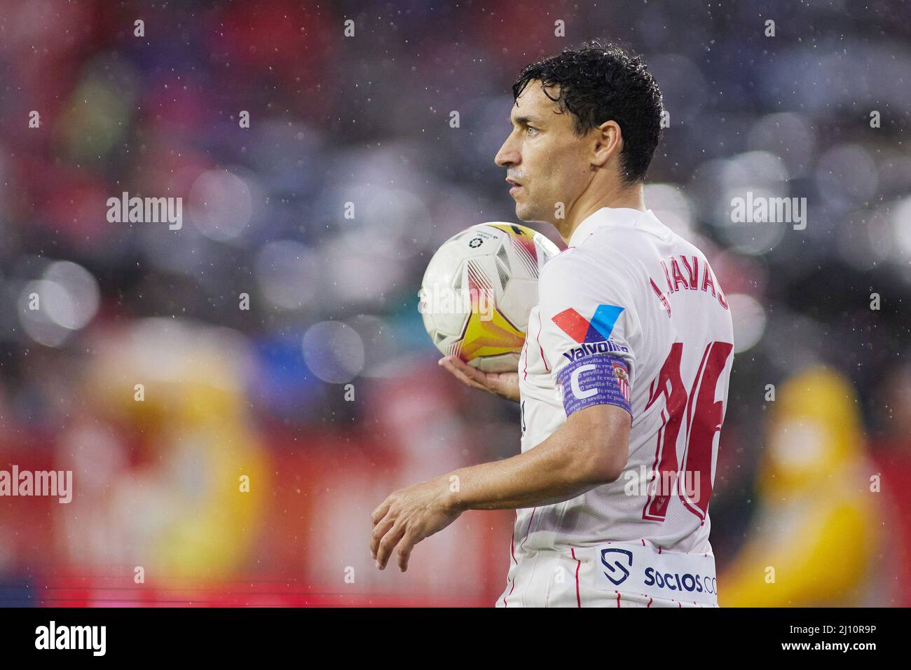 Jesus Navas vom FC Sevilla während des Fußballspiels der spanischen Meisterschaft La Liga zwischen dem FC Sevilla und Real Sociedad am 20. März 2022 im Stadion Ramon Sanchez-Pizjuan in Sevilla, Spanien - Foto: Joaquin Corchero/DPPI/LiveMedia Stockfoto