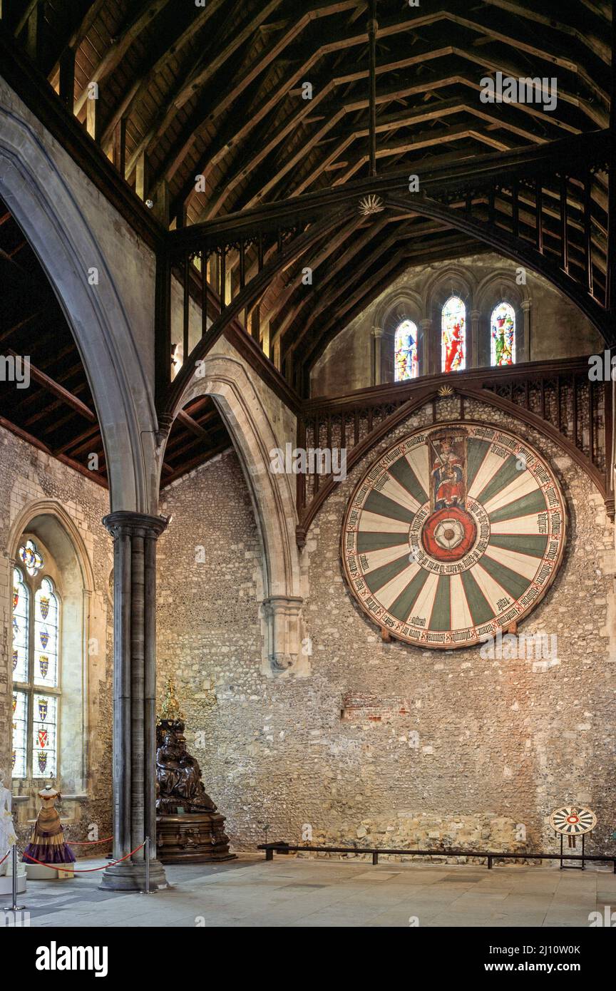 Winchester, Great Hall, an der Wand Tischplatte aus Artus' Tafelrunde (Mittelalter) Stockfoto