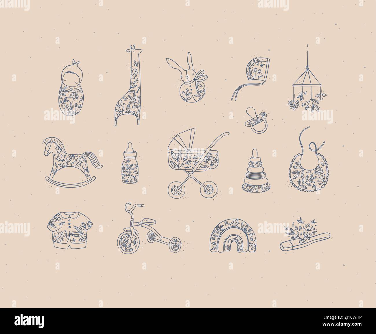 Set von Baby Zeug Kind, Giraffe, Spielzeug, Kaninchen, Puppe, hut, Pferd, Flasche, Milch, Kinderwagen, Babywagen, Serviette, Kleidung, Fahrrad, Thermometerzeichnung Stock Vektor