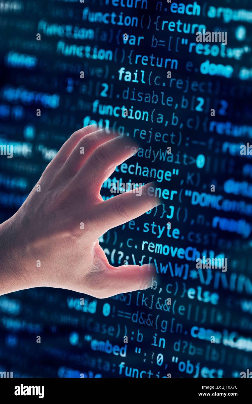 Nehmen Sie einen Computer-Softwarecode mit der Hand Stockfoto