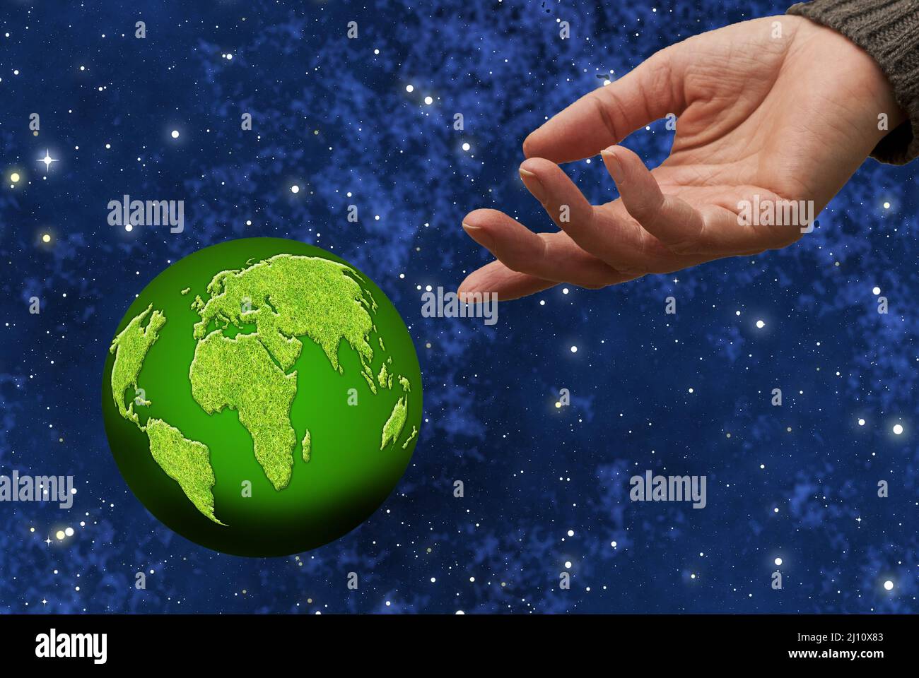 Hände und grüner Planet Erde, Erde Tag und grüne Welt Konzept Stockfoto