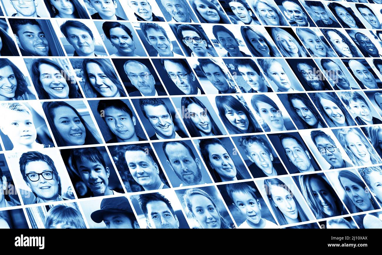 Wall of People Faces (KI generiert), Social-Media-Konzept Stockfoto