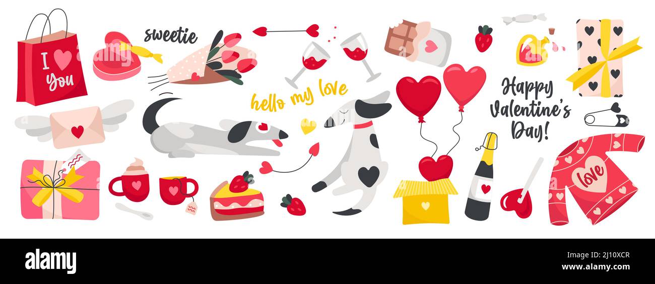 Happy Valentines Day Set mit handschriftlichen Grußworten und niedlichen Liebesaufklebern Stock Vektor