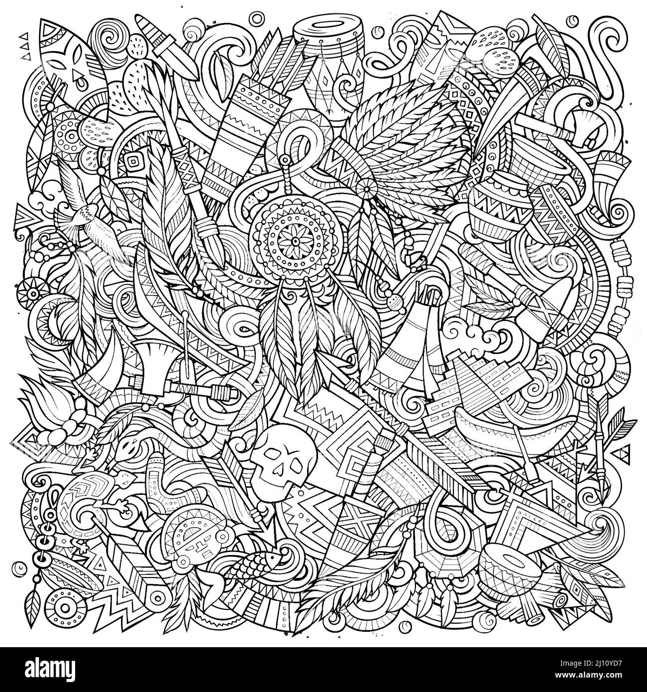 Handgezeichnete Vektorgrafiken von indianischen Ureinwohner. Tribal-Poster. Ethnizität Elemente und Objekte Cartoon Hintergrund. Skizzenhaft lustiges Bild Stock Vektor