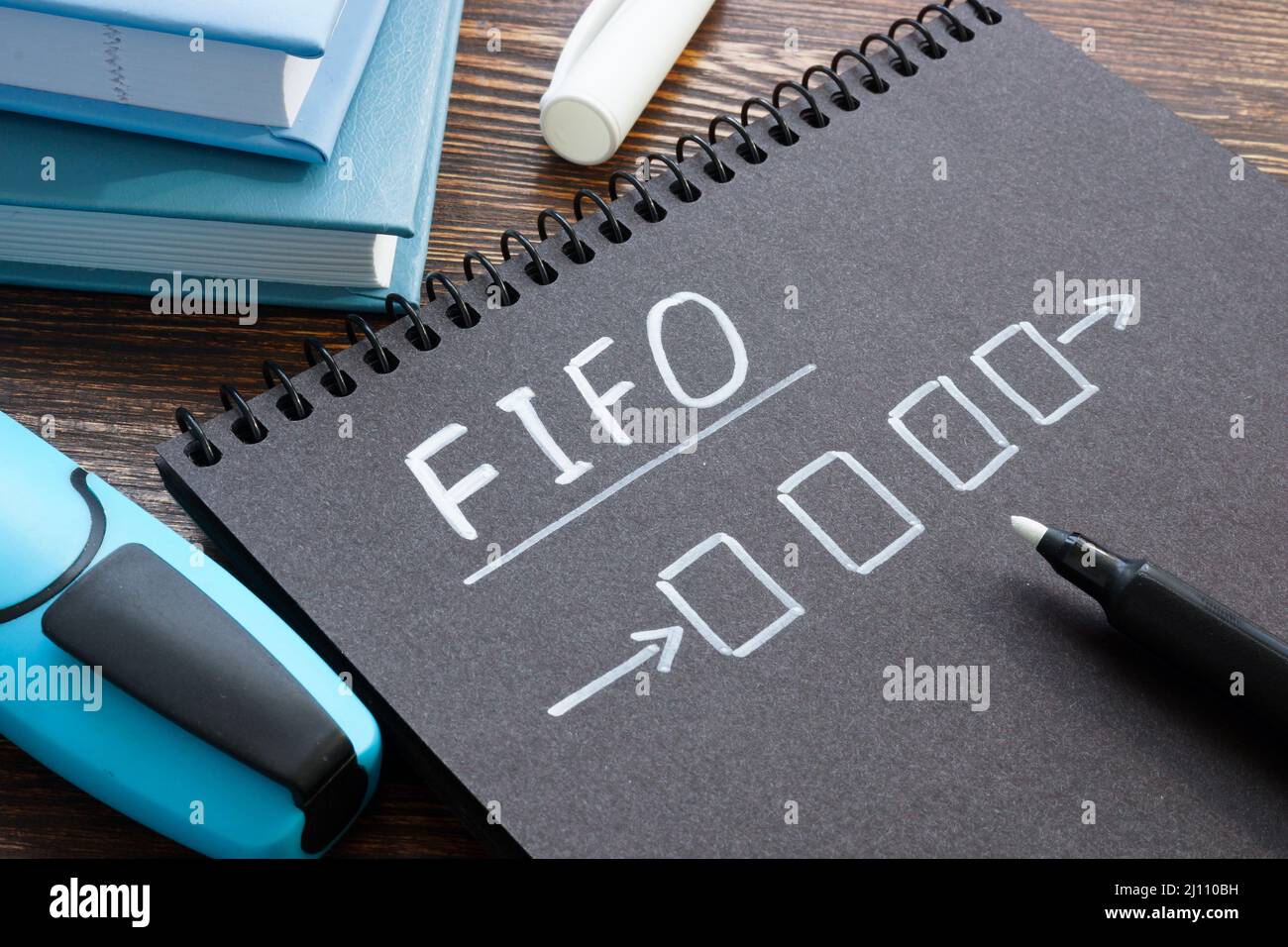 FIFO oder First in First Out Konzept. Notizblock mit einem gezeichneten Diagramm auf der Tabelle. Stockfoto