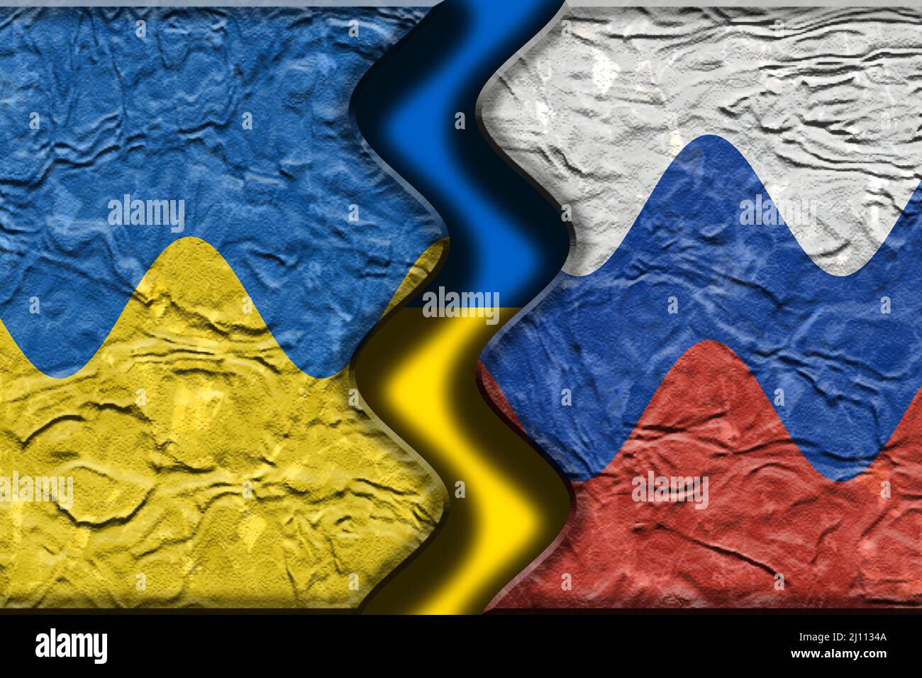Ukraine Russland Krieg Konflikt Krise Konzept. Ukrainische und russische Flaggen abstrakter Hintergrund. 3D Darstellung rendern. Stockfoto