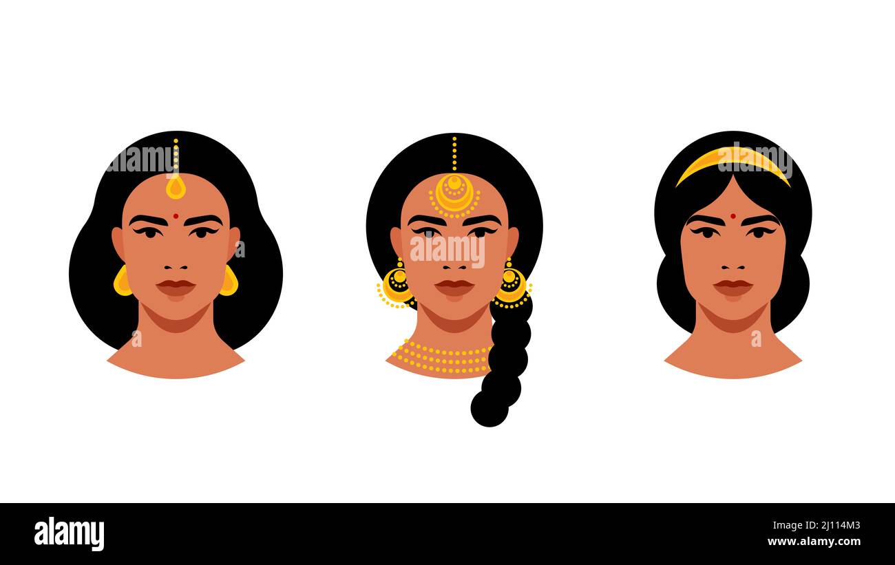 Portrait von indischen Frauen mit verschiedenen Make-up, Frisur, Haarnadeln. Indian Woman Set - Close-up weibliches Gesicht. Konzept der indischen Kultur, traditionell Stock Vektor