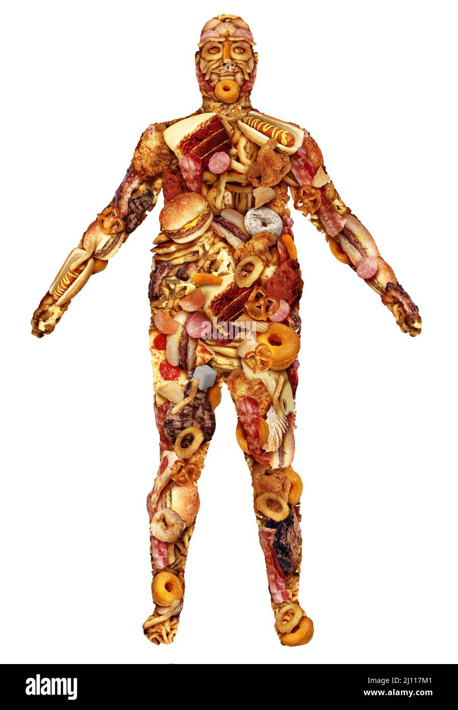 Menschlicher Körper aus Junk-Food als Ernährung und Ernährung Gesundheit Problem Konzept als übergewichtige Person oder Adipositas und Diabetes-Symbol als eine große Gruppe. Stockfoto
