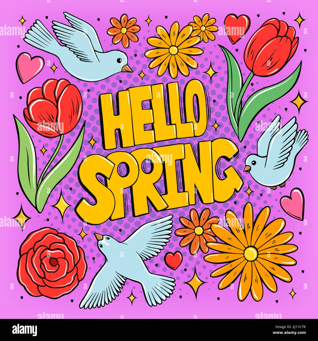 Hello Spring Season Schriftzug mit Blumen und Vögeln für Grußkarte, Poster, Einladungsvorlage. Handgezeichnetes Retro-Frühlingsbanner in Pop-Art-Comics Stock Vektor