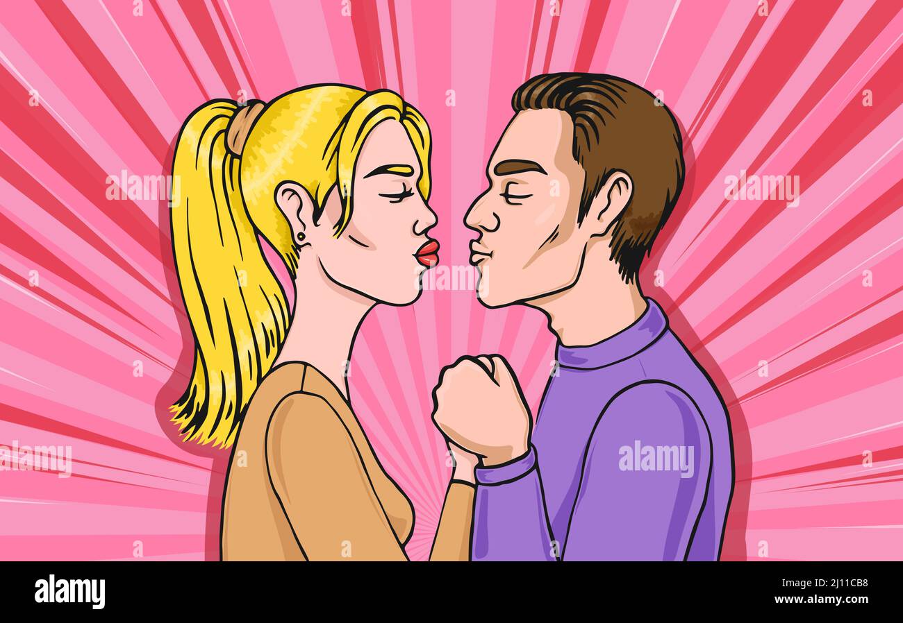 Pop Art Küssen Paar Hände Halten. Junge Erwachsene Paar in Liebe handgezeichnete Vektor-Illustration im Retro-Comic-Stil Stock Vektor