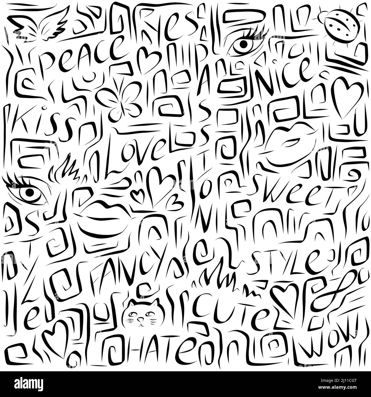 Schwarz-Weiß abstraktes nahtloses Muster mit handgeschriebenen Buchstaben, Linien und trendigen Artikeln, Vektorgrafik Stock Vektor