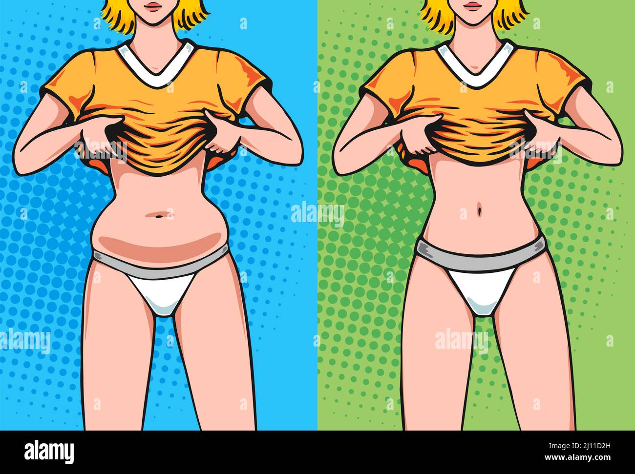 Bauchfett Frau vor und nach. Gewichtsverlust in der Taille Seite an Seite  Konzept Illustration in Pop-Art-Comics-Stil Stock-Vektorgrafik - Alamy