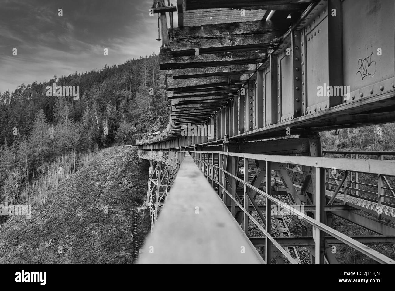 Rostige alte Eiseneisenbahn-Brücke über ein Waldtal Stockfoto