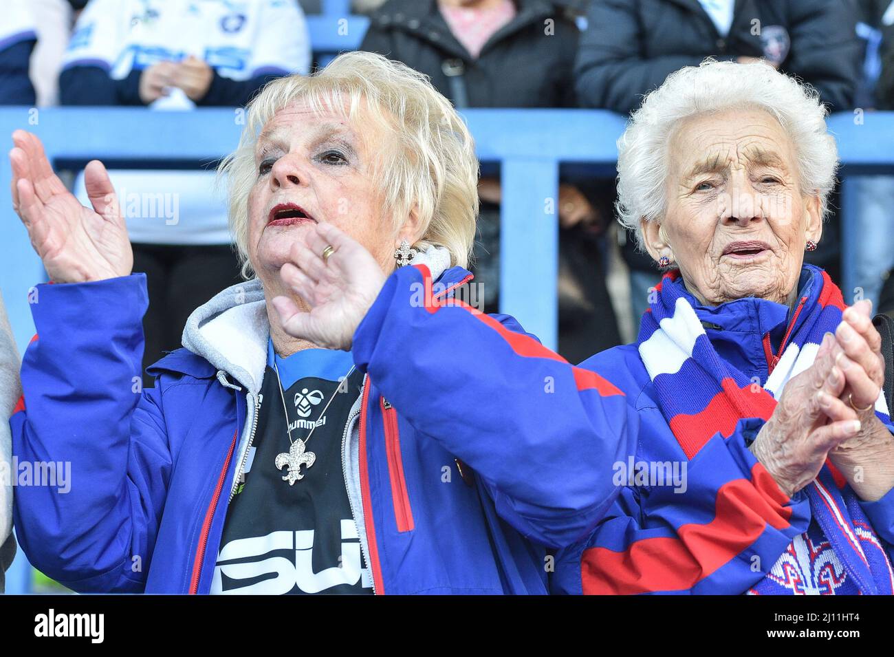 Warrington, England - 19.. März 2022 - Wakefield Trinity Fans. Rugby League Betfred Super League Runde 6 Warrington Wolves vs Wakefield Trinity im Halliwell Jones Stadium, Warrington, Großbritannien Dean Williams Stockfoto