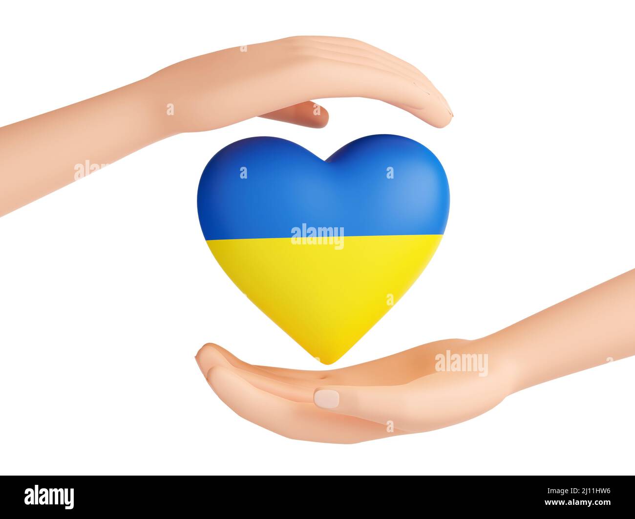 Hilfe Ukraine - menschliche Hände schützen Herz der blauen und gelben ukrainischen Flagge Farben 3D Render Stockfoto