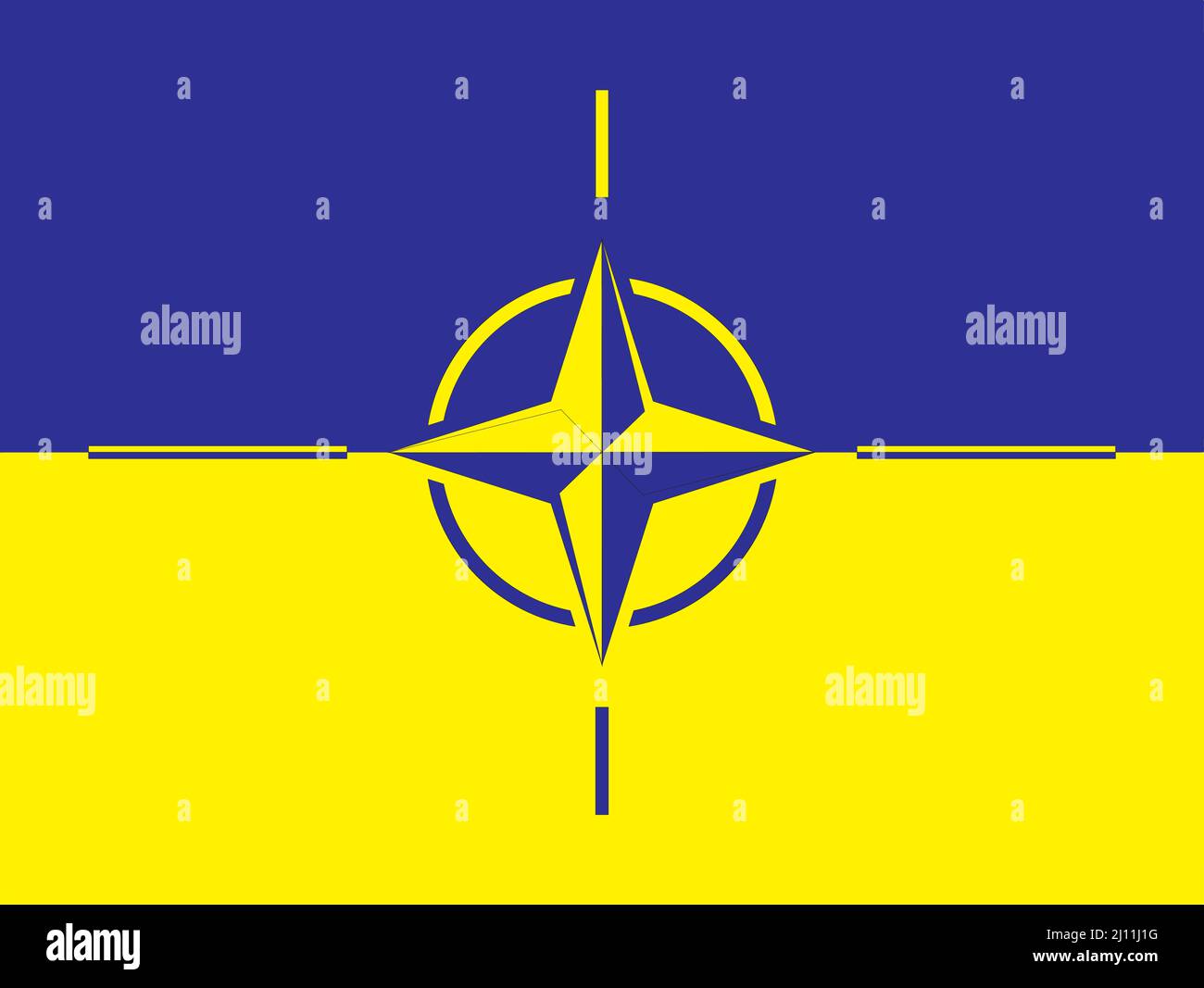 Die Flagge der Ukraine vor dem Hintergrund der NATO-Flagge. Die Ukraine und das Konzept der NATO. Abbildung. Stock Vektor