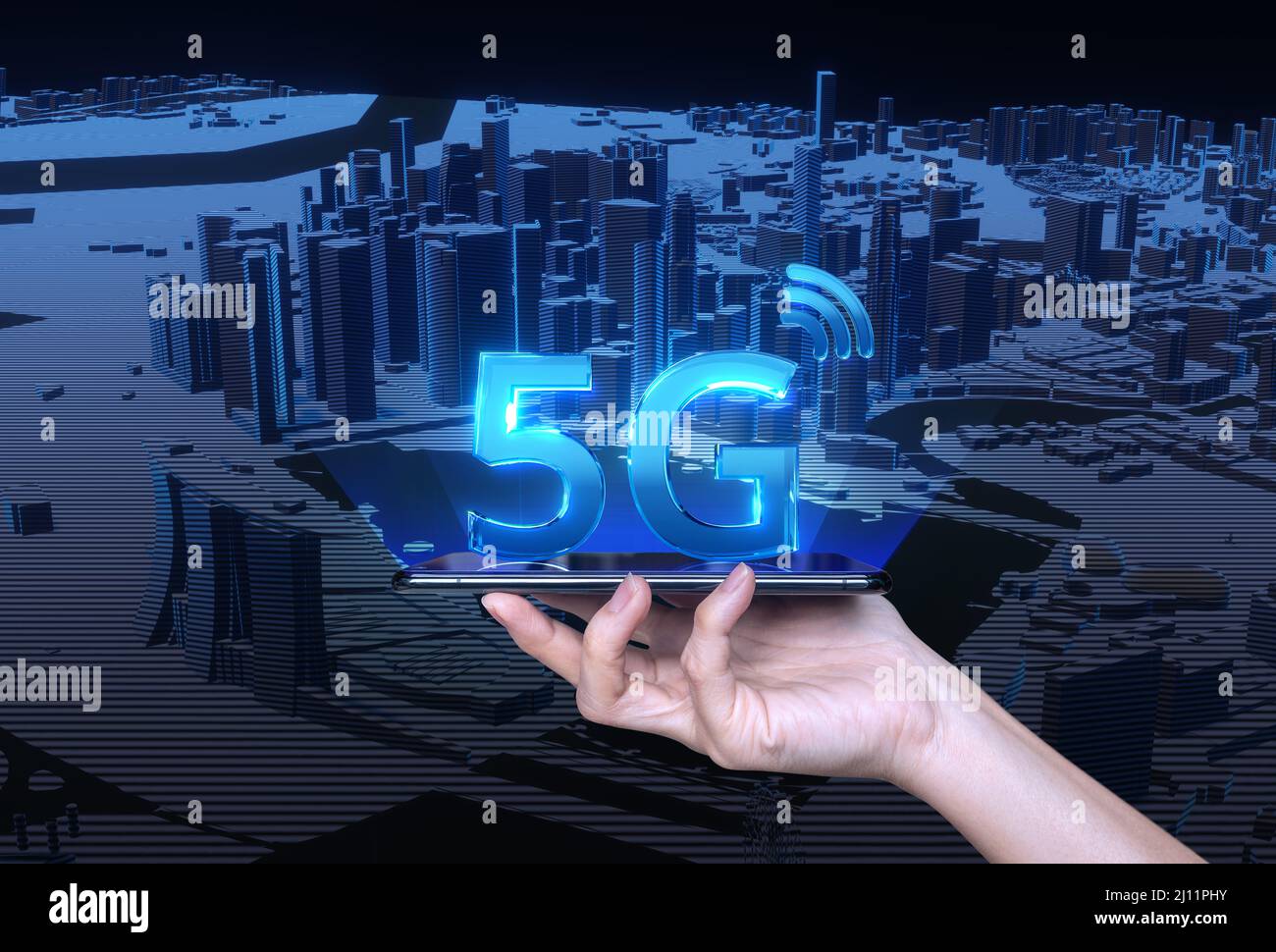 Handliches Smartphone Singapur City mit einem 5G 3D-Symbol auf dem Hintergrund des Kommunikationsnetzwerkkonzepts. Das Konzept der 5G Netzwerktechnik, h Stockfoto