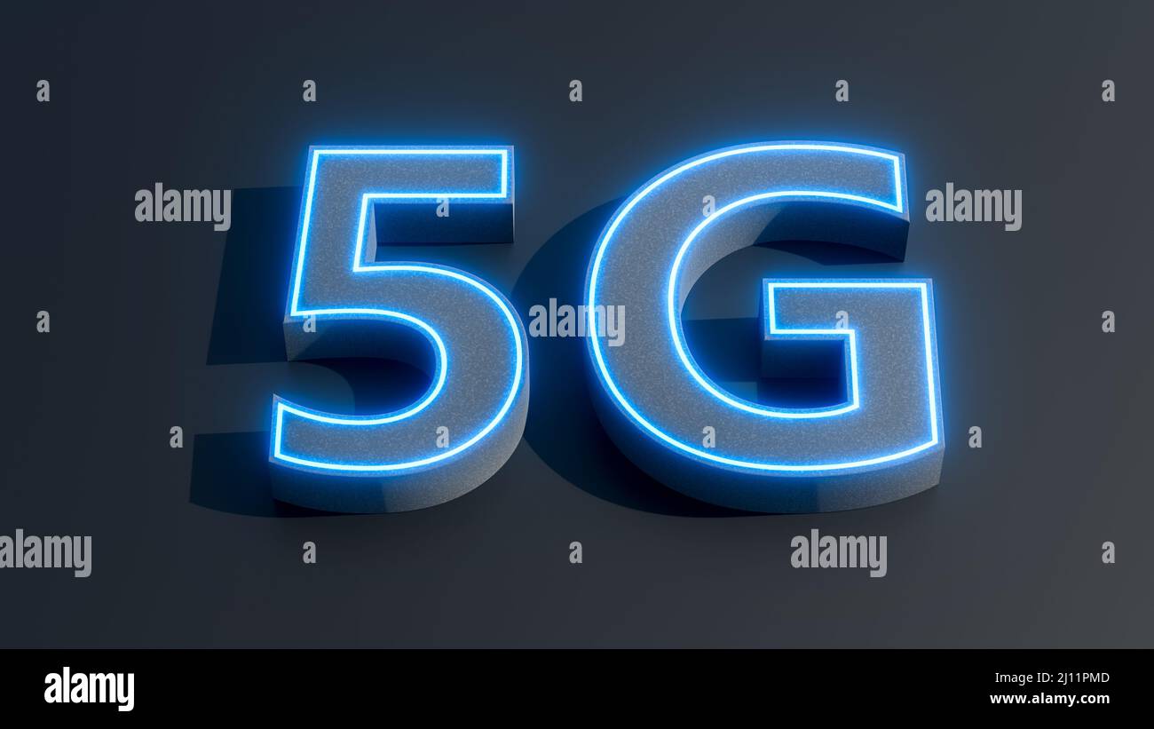 3D Darstellung von 5G Zeichen in blauem Licht. 5G-Netzwerkverbindung, mobiles Hochgeschwindigkeits-Internet. Vektorgrafik. Stockfoto
