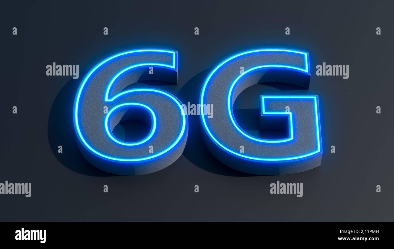 6G High-Speed-Netzwerkverbindung, mobiles Internet. 3D Darstellung von 5G Zeichen in blauem Licht. Stockfoto