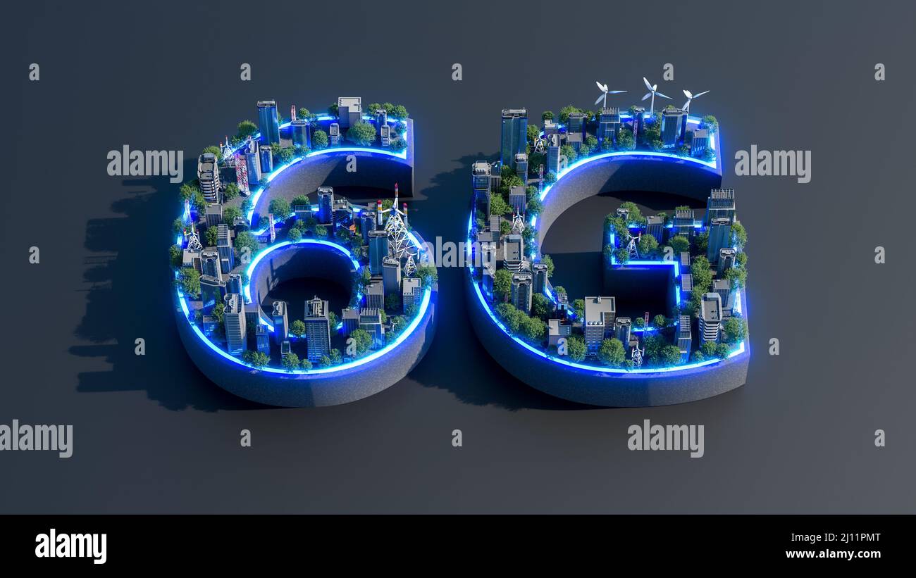 6G Netzwerke der neuen Generation, mobiles High-Speed-Internet. 3D Rendering von 6G mit Geschäftsgebäude in blauem Licht. Stockfoto