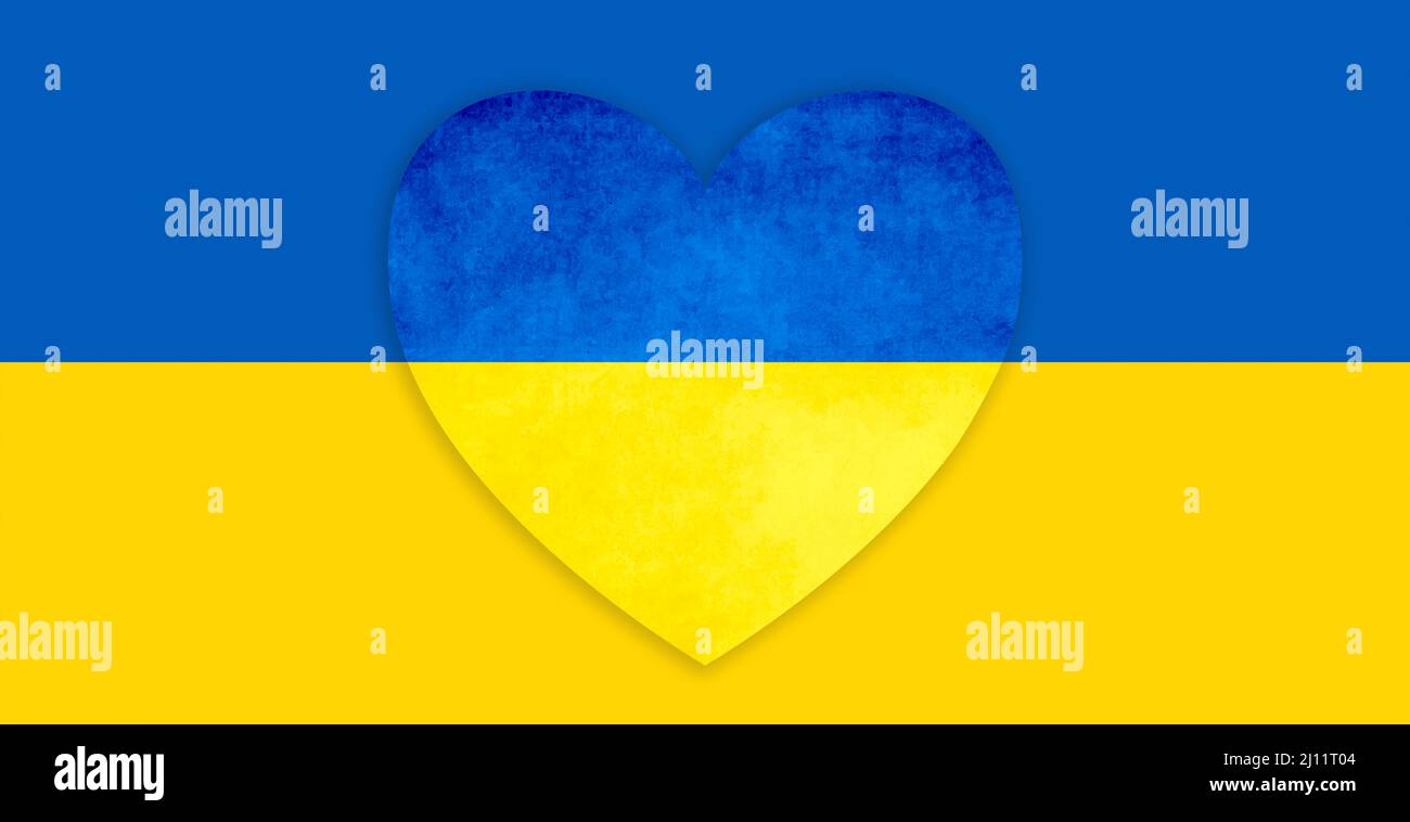 Darstellung eines Herzens auf einem blau-gelben Hintergrund mit ukrainischer Flagge in flachem Stil. Stockfoto