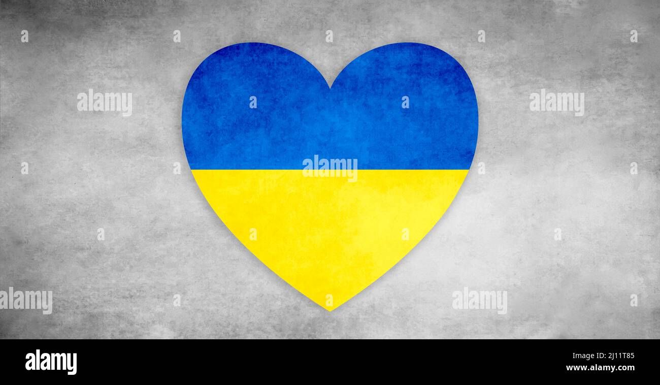 Illustration eines Herzens aus blauer und gelber ukrainischer Flagge auf grauem Hintergrund in flachem Stil. Stockfoto