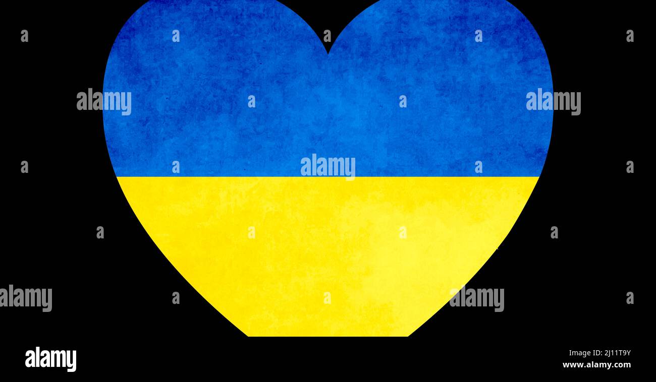 Illustration eines Herzens aus blauer und gelber ukrainischer Flagge auf schwarzem Hintergrund in flachem Stil. Stockfoto